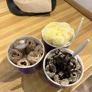 Chocolate rolled ice cream, vanilla rolled ice cream, Oreo rolled ice cream
