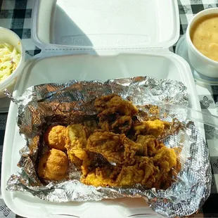Fried oyster platter with coke slaw and Lola beans