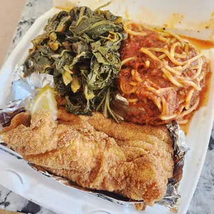 Fried Catfish with Spaghetti and Greens