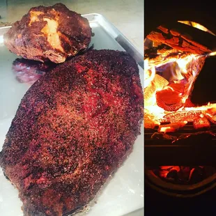 Brisket and Pork shoulder with a snapshot of the firebox on the smoker