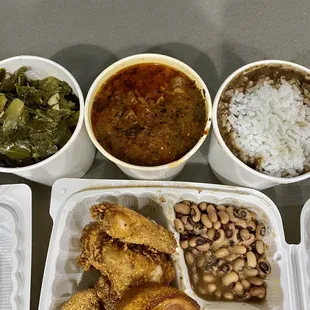 Collard greens, shrimp and grits, rice and beans