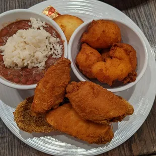 Combo Dinner with Rice and Beans and Hushpuppies