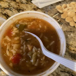 Chicken gumbo soup pretty good nice kick