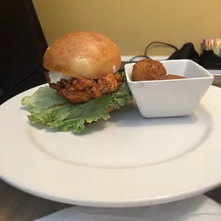 Buffalo chicken sandwich with fried Mac &amp; Cheese