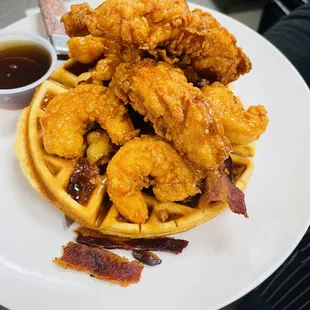 Shrimp chicken and waffle
