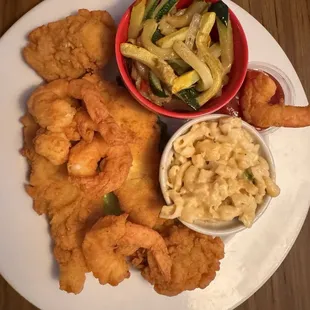Fried Seafood Platter- Flounder, Shrimp, Oysters, Mac &amp; Cheese, Squash