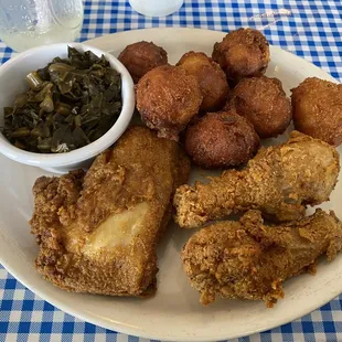 Fried chicken 3 pieces with hushpuppies and collard green