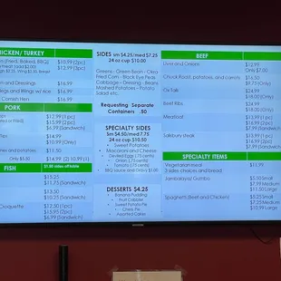 a menu on the wall