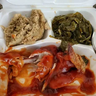 2pc. Bbq chicken plate with collard greens and dressing.