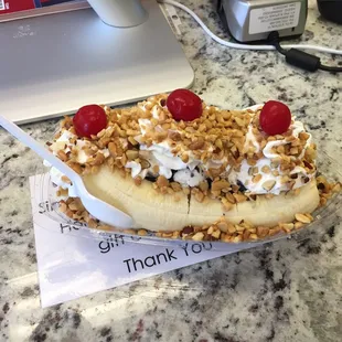 Banana split with brownie batter ice cream