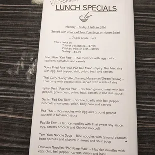 Lunch special menu