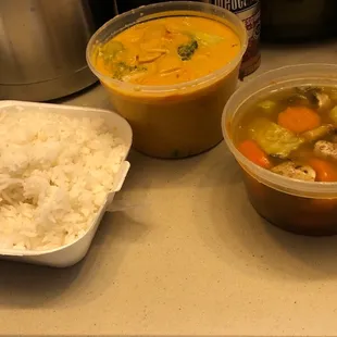Tom Yum and Red Curry takeout. Tiny portions.