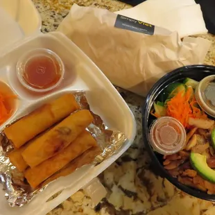 a meal in a styrofoam container