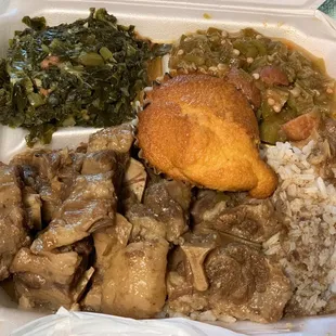 Oxtails over rice, okra and greens. Cornbread muffin. }:{