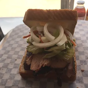 Smoked Turkey Breast Sandwich with Pickles, Onions, Jalapeños, and Simpson's BBQ traditional BBQ Sauce. (Awesome)