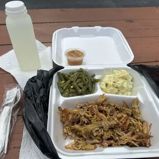 Pulled pork, potato salad, green beans, lemonade