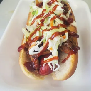 Our newest addition. Polish sausage or hot link with BBQ pork, coleslaw, and BBQ sauce