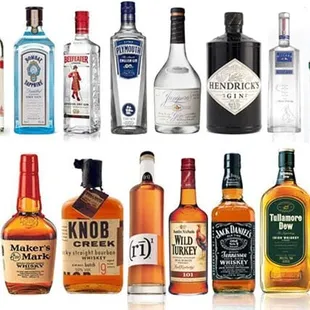 a variety of liquor bottles