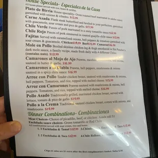 Menu page 3 - House specials and Dinner Combinations