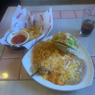 Taco, Enchilada, Chili Relleno, Rice, beans, Hot Corn Chips and Salsa - Classic!