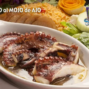 Sautéed octopus drowned in a garlic-butter sauce! Served with side-salad and rice.