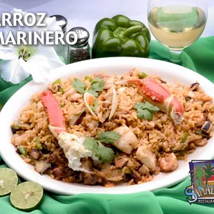 Arroz Marinero! This delicious dish contains snail, octopus, fish, shrimp, crab legs, and clam all in our delicious rice made in-house.