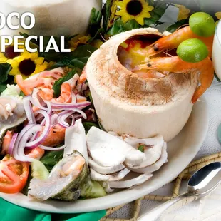 Our Coco Campechana Especial comes with 2 whole shrimp, octopus, snail, shrimp, scallops, cucumber, pico de gallo, and oysters!