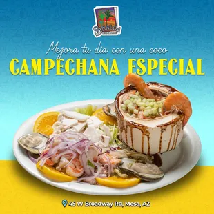 Come enjoy our Coco Campechana Especial! A seafood cocktail served in a freshly opened coconut along with a variety of seafood on your plate