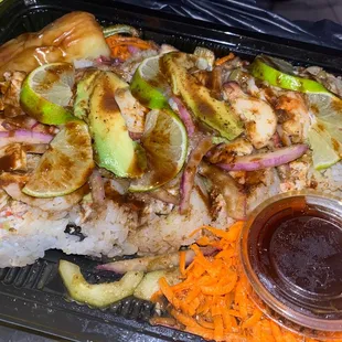 a meal in a styrofoam container