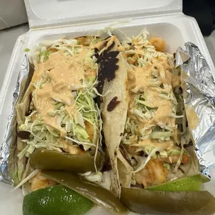 Love these shrimp tacos with extra cabbage.