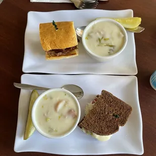 1/2 sandwich and soup combos, top sandwich: pulled pork, bottom sandwich: Reuben, soup of the day: clam chowder