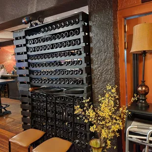 a wine rack in a restaurant
