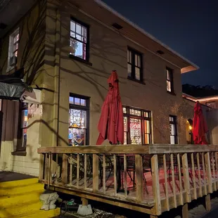 red umbrellas outside a restaurant