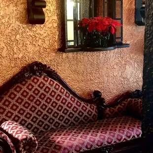 a couch and a mirror