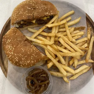 a hamburger and french fries