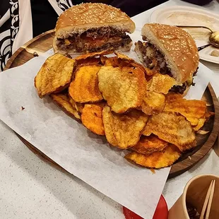 My favorite burger  with my favorite potato chips  .