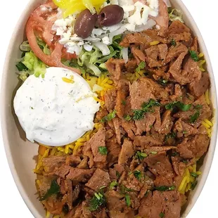Gyro Or spicy Gyro  rice, Greek salad, and tzatziki.