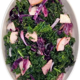 Kale Salad With Apples 
Dry cranberries, onions, purple cabbage, apple cider vinegar honey.