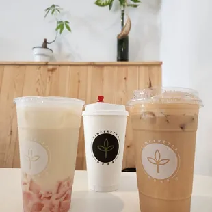 Jasmine Milk Tea with Vegan Rose Jelly (left), Hot Dark Roasted Oolong Milk Tea (middle), Iced Dark Roasted Oolong Milk Tea (right)