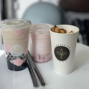 Left to right: Dreamy Oolong with extra boba; Berry In Love; Mochi Egg puff: Cheese &amp; Bacon (no mochi)