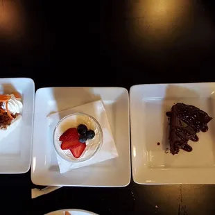 three plates of desserts