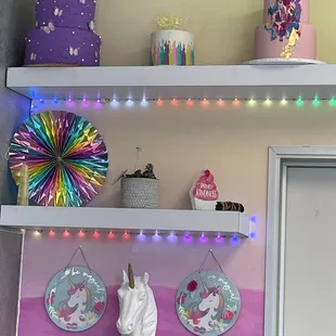 a unicorn cake and other decorations