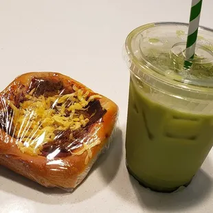 Pizza bread (one of my favs) with an iced matcha latte!