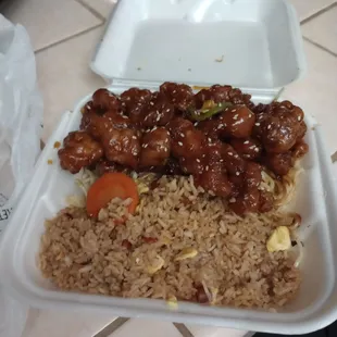 a take out container of food