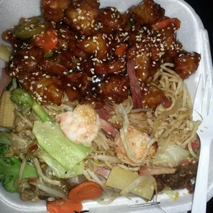This is the best dish ever orange chicken over special chow mein yummy