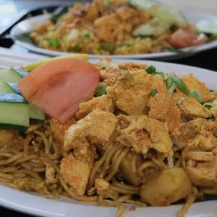 Mee Goreng-chicken. On Banana leaf. Plentiful. Delicious. Flavorful.