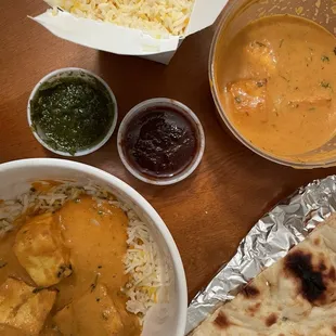 Paneer tikka masala with saffron rice, plain naan, and two chutneys for samosas (not pictured)