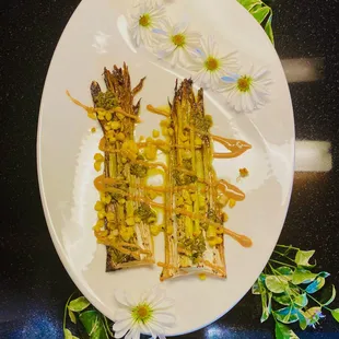 Leeks from S.M. - Roasted leeks with corn, zhoug &amp; cashew butter