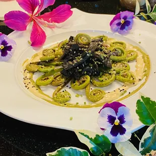 Fiddlehead ferns and black trumpet mushrooms from S.M. w/ tahini verde &amp; miso aioli
