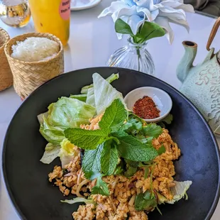 Laab chicken with sticky rice